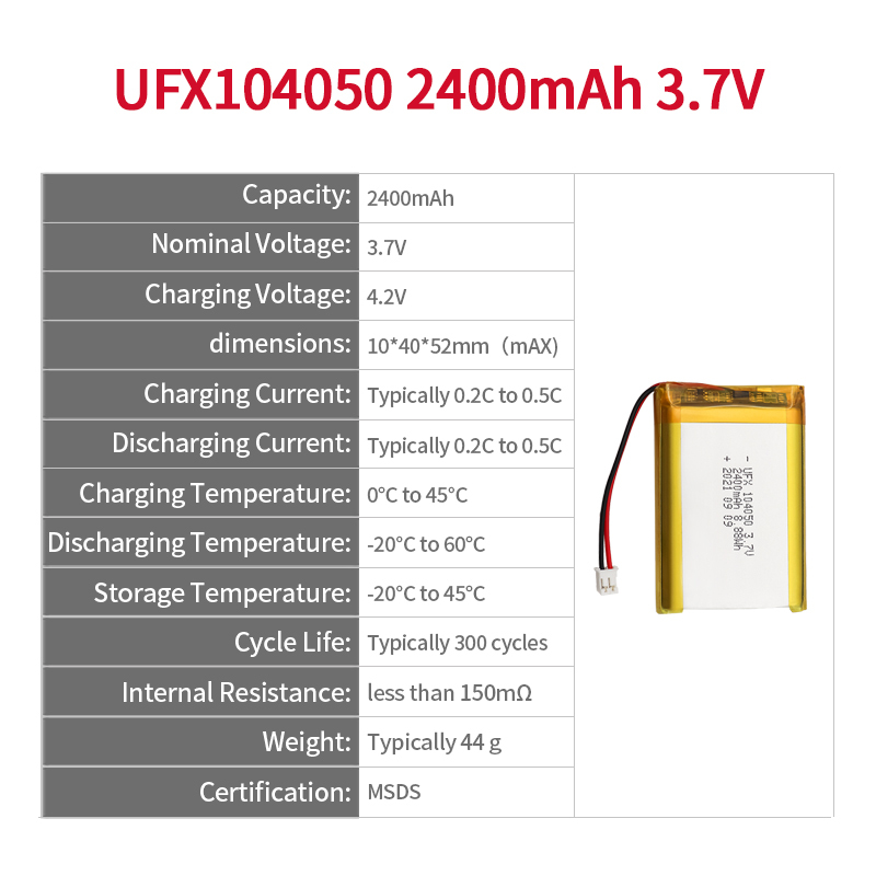 리튬 이온셀 공장,맞춤형 휴대용 모니터 배터리,UFX 104050 2400mAh 3.7V,폴리머 리튬 이온 배터리리튬 배터리 3.7v,사용자 정의 배터리,리튬 폴리머 배터리,