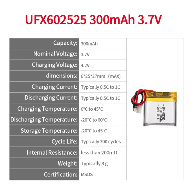 Lipo Cell Manufacturer Customized For Mosquito Repellent Lamp Rechargeable Batteries UFX 602525 300mAh 3.7V Rechargeable Battery