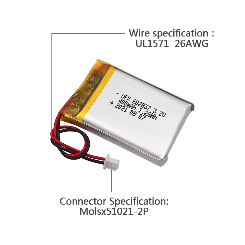 Lithium-ion Cell Factory Customized Heated Clothing Battery UFX 602837 400mAh 3.2V LiFePo4 Battery