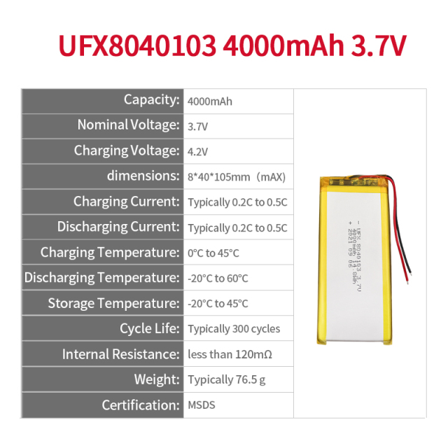 Li-polymer 셀 공장 태블릿 PC 배터리 공급 UFX 8040103 4000mAh 3.7V 리폴리머 배터리