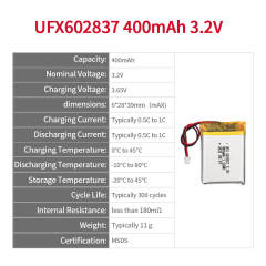 Lithium-ion Cell Factory Customized Heated Clothing Battery UFX 602837 400mAh 3.2V LiFePo4 Battery
