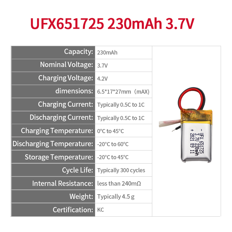 Li-ion Cell Supplier Hot Selling Battery for Infrared Thermometer UFX 651725 230mAh 3.7V Mini Li-polymer Battery