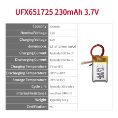 Li-ion Cell Supplier Hot Selling Battery for Infrared Thermometer UFX 651725 230mAh 3.7V Mini Li-polymer Battery