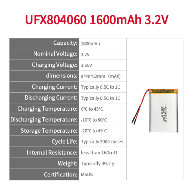 리튬 폴리머 제조 업체 맞춤형 가열 의류 배터리 UFX 804060 1600mAh 3.2V 리튬 철 인산화물 배터리