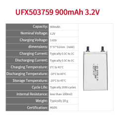 도매 리튬 이온 폴리머 배터리 게이트웨이 알람 배터리 도매 UFX503759 900mAh 3.2V 리튬 철 인산화물 배터리