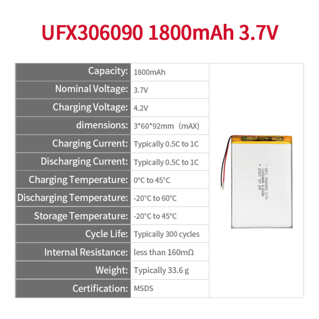Lithium-ion Cell Manufacture Wholesale LED Light Rechargeable Battery UFX 306090 1800mAh 3.7V Lipo Battery