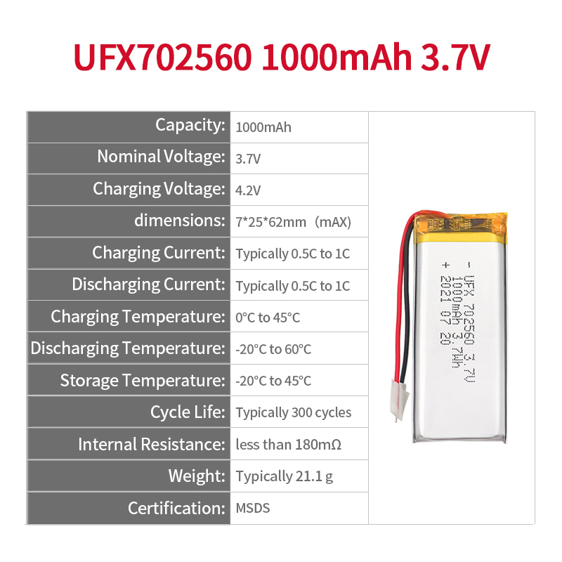 리튬 이온 배터리 공장 전문 맞춤형 미용 장비 배터리 UFX 702560 1000mAh 3.7V 충전식 리튬 이온 배터리