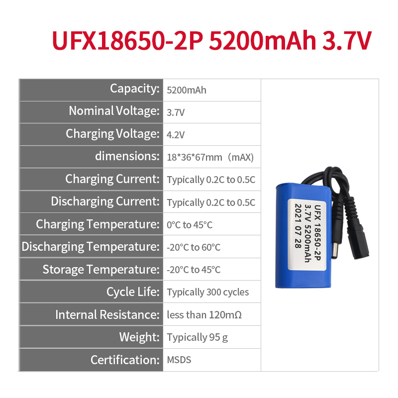 China Lithium Cell Manufacturer Professional Customized Hand Warmer Rechargeable Lipo Battery UFX 18650-2P 5200mAh 3.7V Rechargeable Lithium-polymer Battery Pack