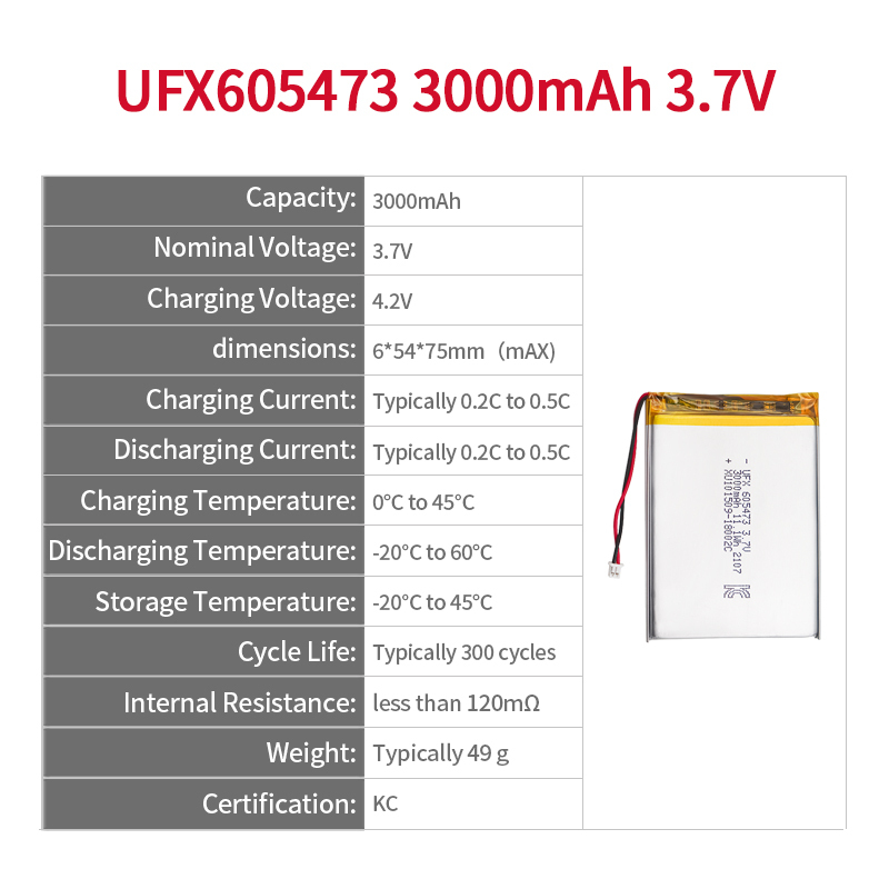 Chinese Li-ion Cell Factory OEM Beauty Instrument Battery UFX 605473 3000mAh 3.7V KC Certificate