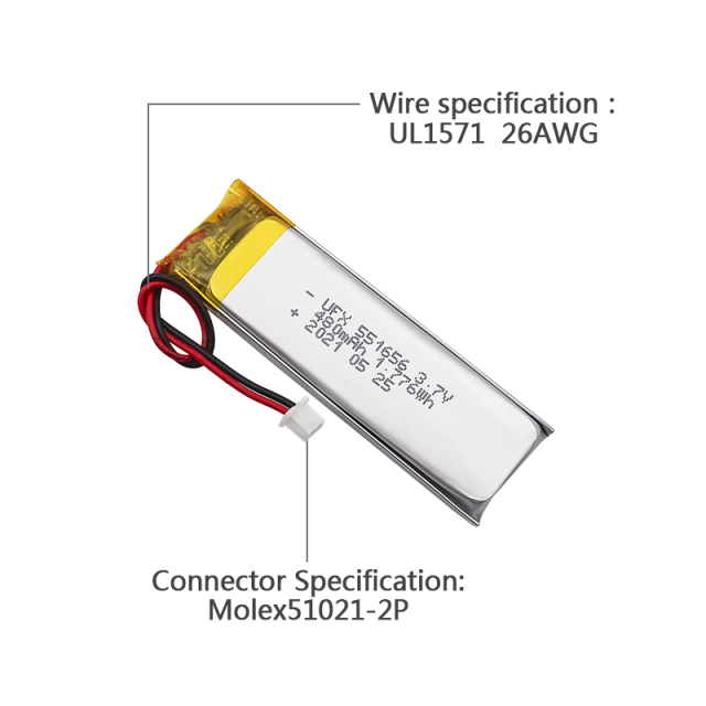 중국 리튬전지 공장 OEM 허영 거울 배터리 UFX 551656 480mAh 3.7V UL인증서