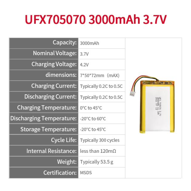 China Li-Polymer Cell Manufacturer Wholesale Digital Device Lipo Battery UFX 705070 3000mAh 3.7V Rechargeable Lipo Battery