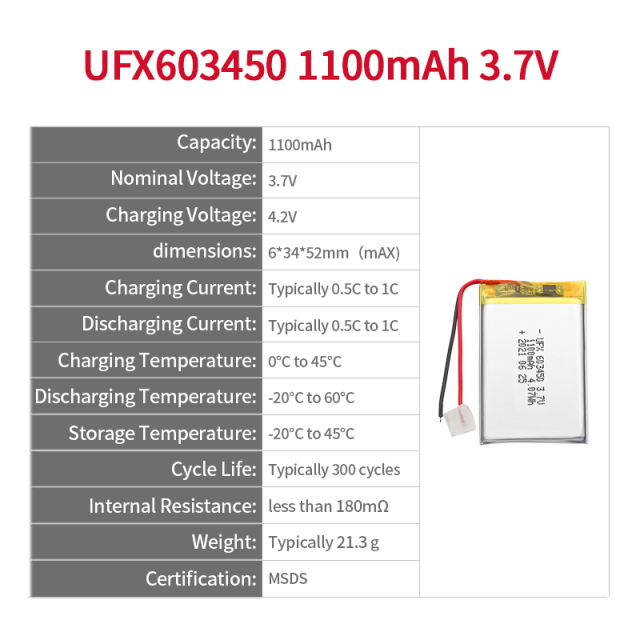 Chinese Lipo Cells Factory Wholesale LED Light Rechargeable Battery UFX 603450 1100mAh 3.7V Li-polymer Cell