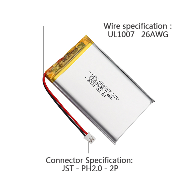 Chinese Lipo Cells Factory Skin Cleansing Instrument Battery UFX 654267 2000mAh 3.7V Li-polymer Cell