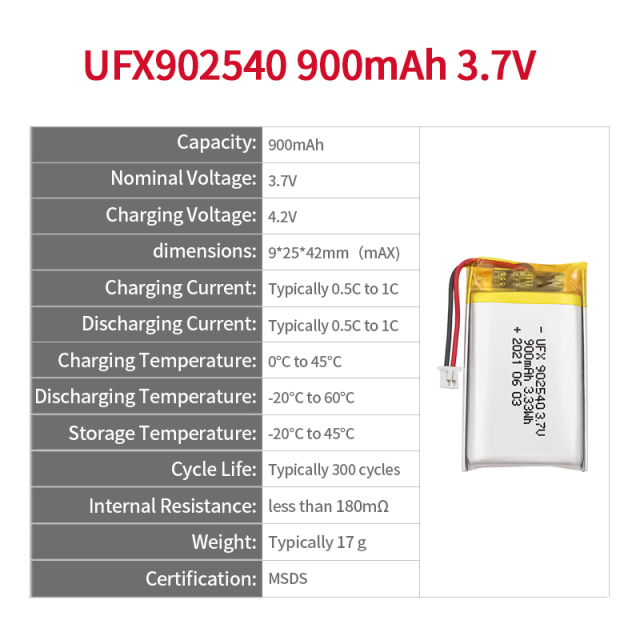 Chinese Lithium Cell Manufacturer Supply Air Cleaner Batteries UFX 902540 900mAh 3.7V Rechargeable Lipo Battery