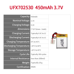 Polymer Lithium-ion Cell Manufacturer Wholesale Rechargeable Battery For Digital Camera UFX 702530 450mAh 3.7V Li-ion Polymer Battery With MSDS
