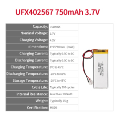 리튬 이온 충전식 전지 공장 도매 LED 조명 충전식 배터리 UFX 402567 750mAh 3.7V 고품질 충전식 배터리
