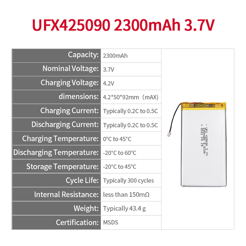 China Lipo Cell Manufacturer Supply Smart Home Rechargeable Battery UFX 425090 2300mAh 3.7V Li-ion Polymer Battery Pack