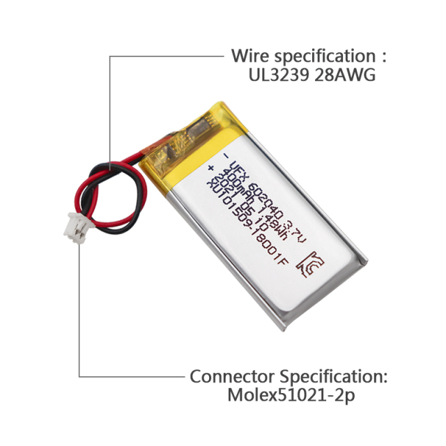 중국 Lipo 세포 제조자 프로페셔널 커스텀 UFX 602040 400mAh 3.7V KC 인증서
