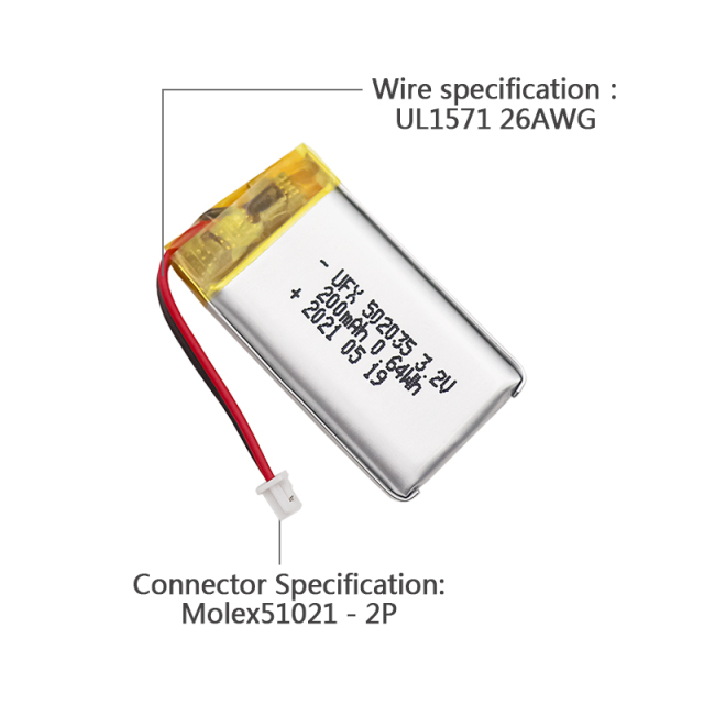 Li-polymer 셀 공장 마사지기 배터리 공급 UFX 502035 200mAh 3.2V 리튬 철 인산화물 배터리