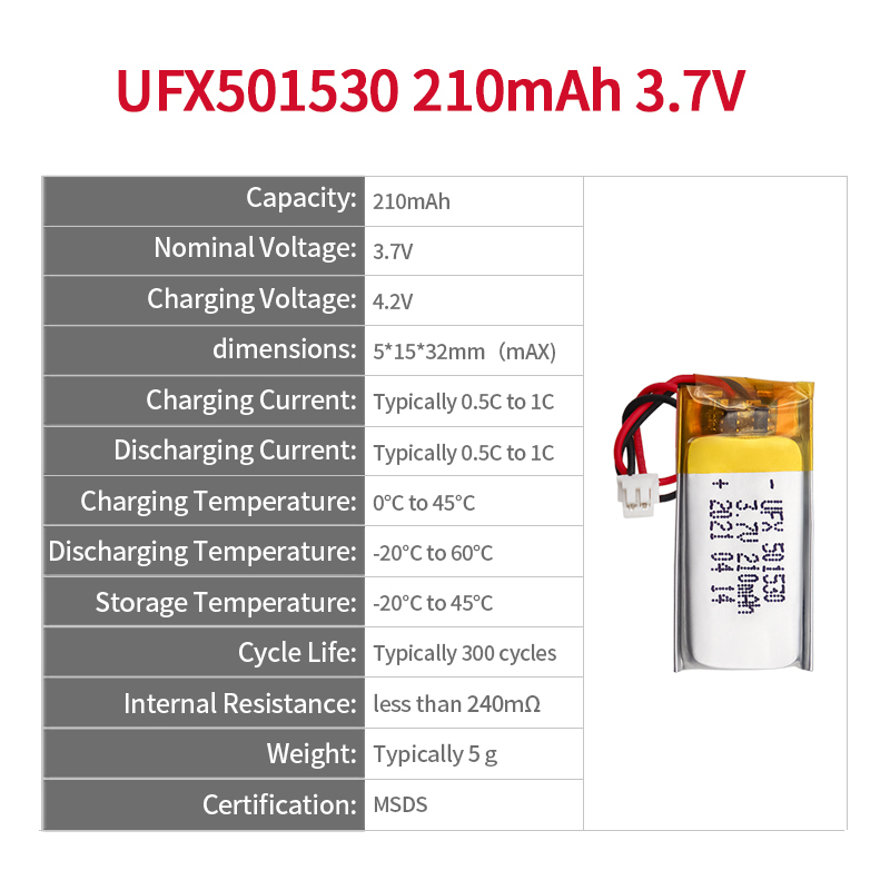 중국 리튬이온 폴리머 전지 공장 전문 맞춤형 블루투스 스피커 배터리 UFX 501530 210mAh 3.7V