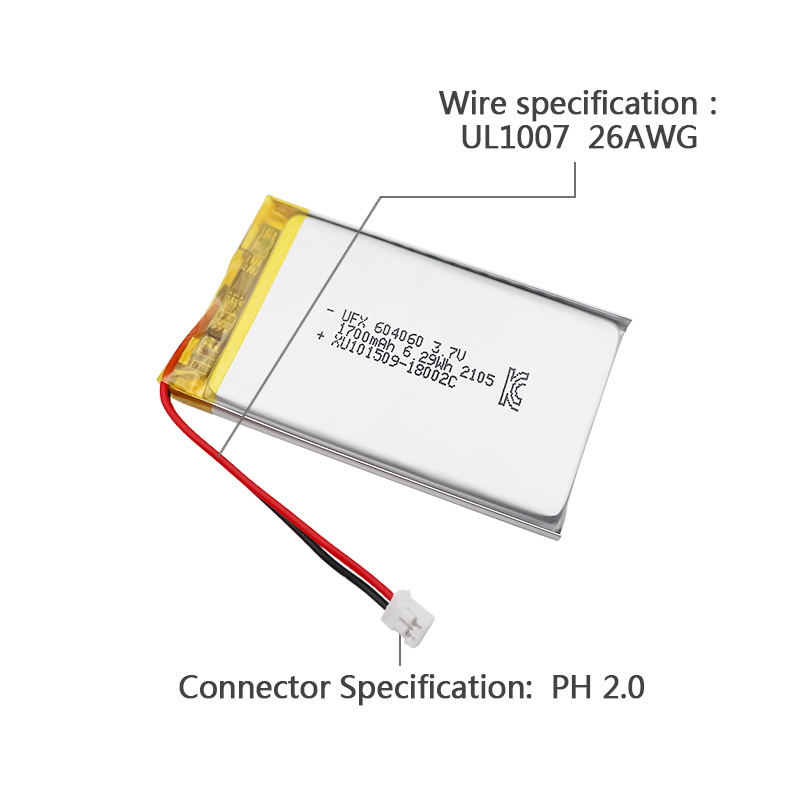 중국 리튬 이온 전지 공장 공기 청정기 배터리 공급 UFX 604060 1700mAh 3.7V UL / KC 인증을 받은 리튬 이온 배터리