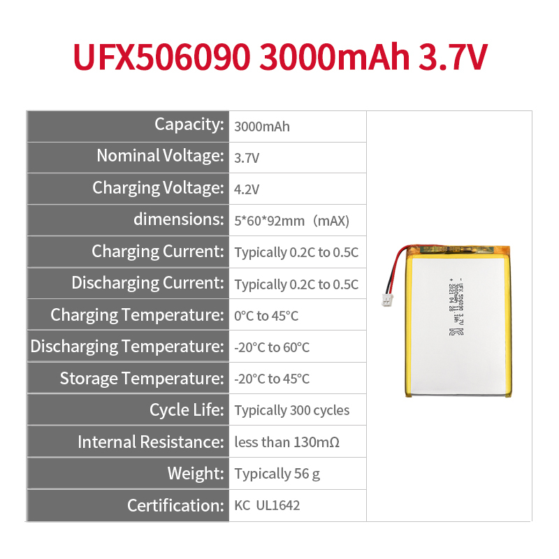 UFX 506090 3000mAh 3.7V-리튬 폴리머 셀 솔루션
