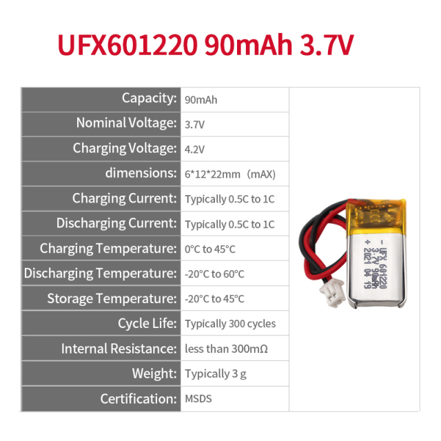 리튬 이온 전지 제조 UFX 601220 90mAh 3.7V