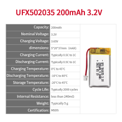 Li-polymer 셀 공장 마사지기 배터리 공급 UFX 502035 200mAh 3.2V 리튬 철 인산화물 배터리