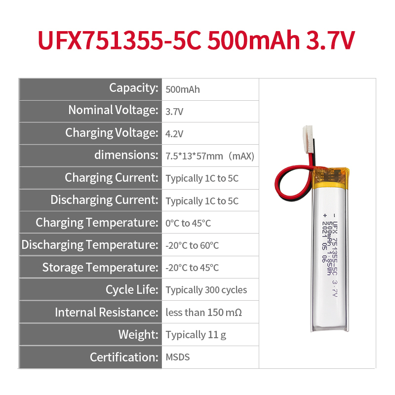China Lithium Ion Cells Factory Wholesale Polymer Li-ion Battery for Beauty Instrument UFX 751355-5C 500mAh 3.7V 5C Discharge Battery Pack