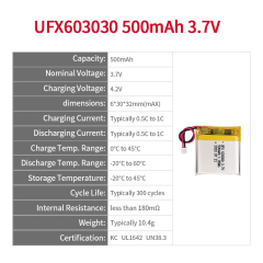 including KC, UL, IEC62133, and UN38.3 certifications manufacturing company Produce Table Lamp Rechargeable Battery UFX 603030 500mAh 3.7V li polymer battery