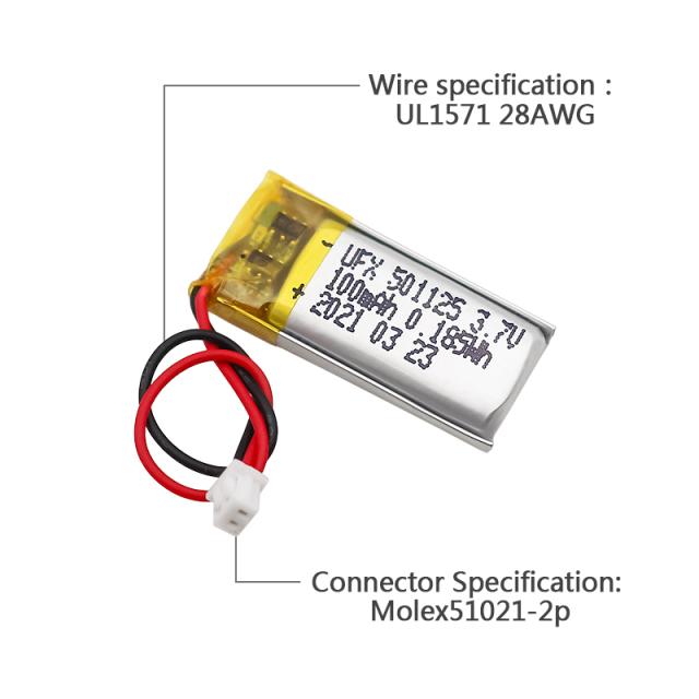 중국 리이온 전지 공장 스마트 카드 배터리 공급 UFX 501125 100mAh 3.7V 리튬 이온 폴리머 배터리