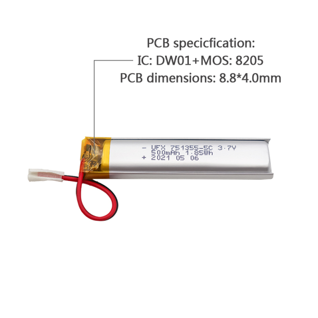 China Lithium Ion Cells Factory Wholesale Polymer Li-ion Battery for Beauty Instrument UFX 751355-5C 500mAh 3.7V 5C Discharge Battery Pack