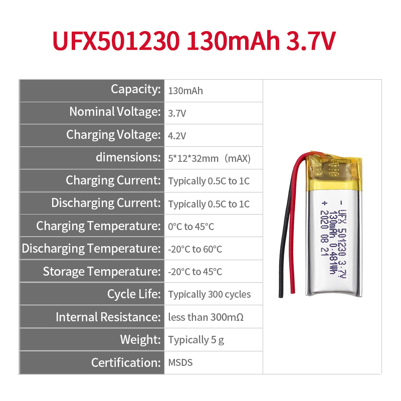 Chinese Lipo Cells Factory lithium ion battery rechargeable UFX 501230 130mAh 3.7V lithium batteries
