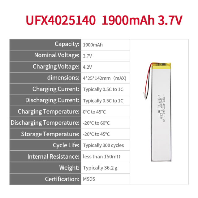 중국 리튬셀 제조업체 맞춤형 초박 Bluetooth 키보드 배터리 UFX 4025140 1900mAh 3.7V 리튬 이온 폴리머 배터리