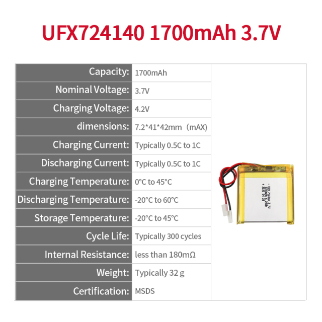 중국 리포 셀 공장 UFX 724140 1700mAh 3.7V