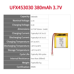 중국 최고의 리튬 이온 폴리머 셀 제조업체 의료 장비용 충전식 배터리 도매 UFX 453030 380mAh 3.7V 리튬 이온 폴리머 배터리(MSDS 포함)