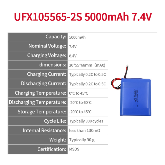 Wholesale Lithium Ion Polymer Battery Supply Medical Equipment Battery UFX 105565-2S 5000mAh 7.4V lipo battery 2s