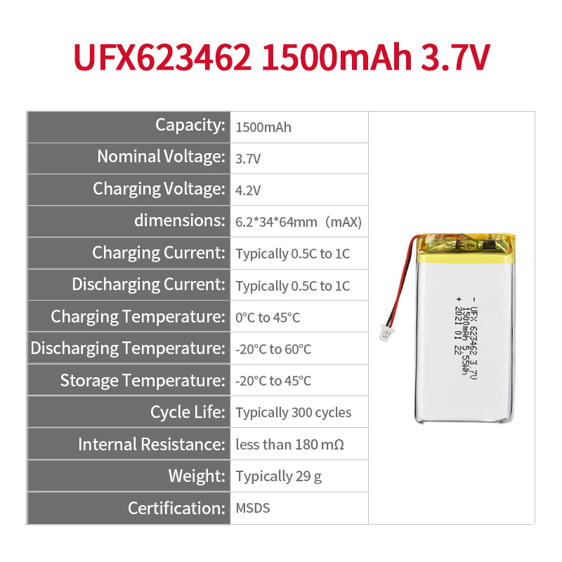 리튬 셀 공장 고품질 의료장비용 리튬 폴리머 배터리"는 한국어로 UFX 623462 1500mAh 3.7V 리튬 폴리머 셀