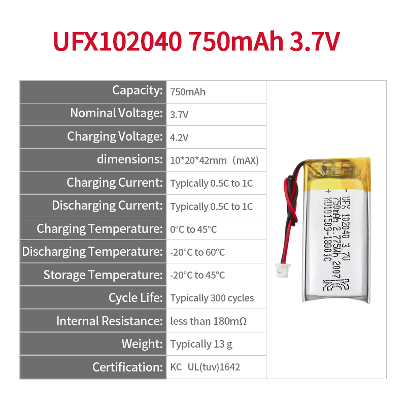 리튬 전지 공급업체 맞춤형 충전식 배터리 UFX 102040 750mAh 3.7V UL / KC 인증을 받은 리튬 이온 배터리