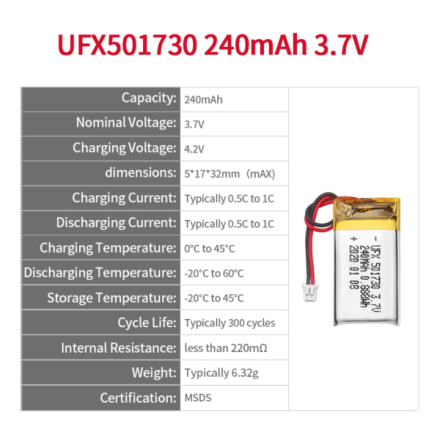 Battery Factory Outlet Store Customized Monitoring Equipment Battery UFX 501730 240mAh 3.7V Mini Li-polymer Battery