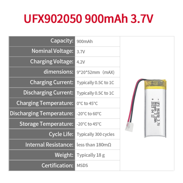 Chinese Cell Factory Professional Customized Special-shape Battery UFX 902050 900mAh 3.7V lithium batteries