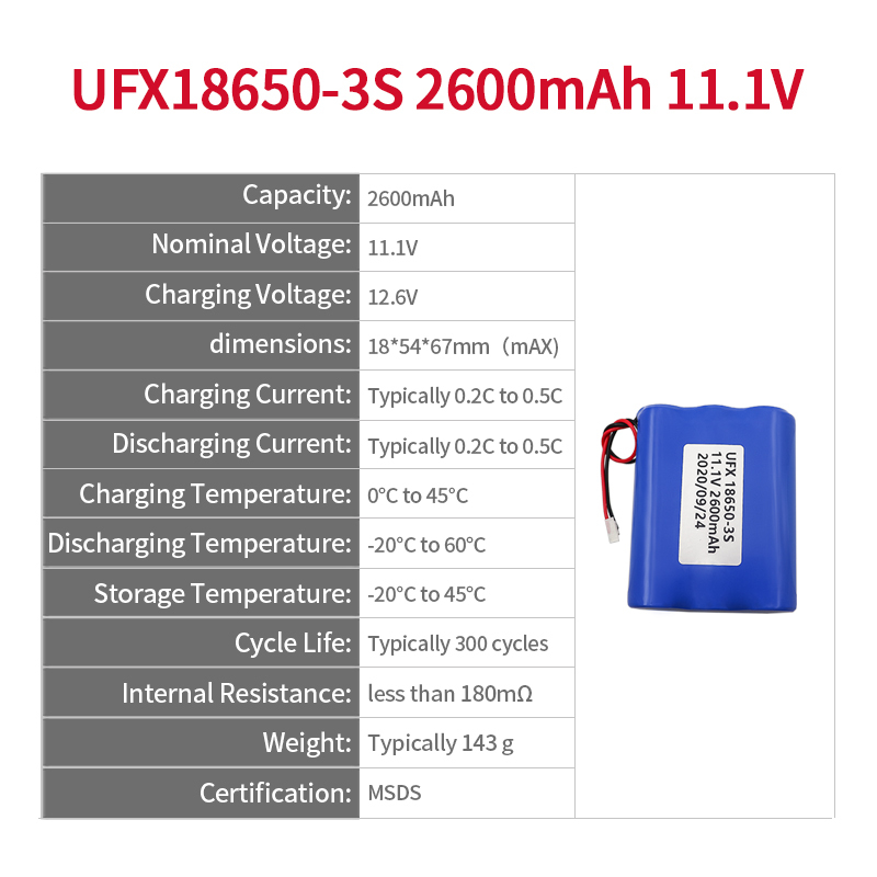 Li-ion Cell Supplier Rechargeable Lithium-ion Polymer Battery for Smart Home Device UFX 18650-3S 2600mAh 11.1V High Quality Rechargeable Battery