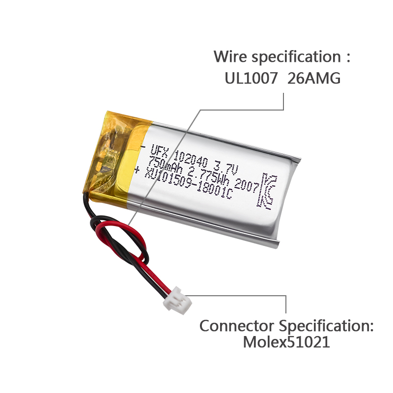 리튬 전지 공급업체 맞춤형 충전식 배터리 UFX 102040 750mAh 3.7V UL / KC 인증을 받은 리튬 이온 배터리