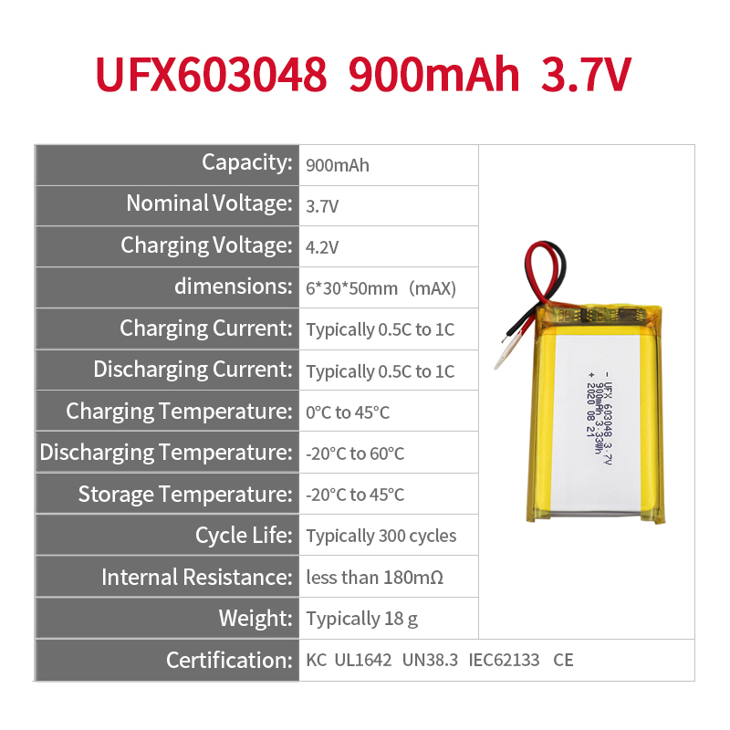 Li-ion Battery Factory Wholesale Rechargeable Battery for Mini-speaker UFX 603048 900mAh 3.7V Lithium-ion Battery with UL / KC Certification