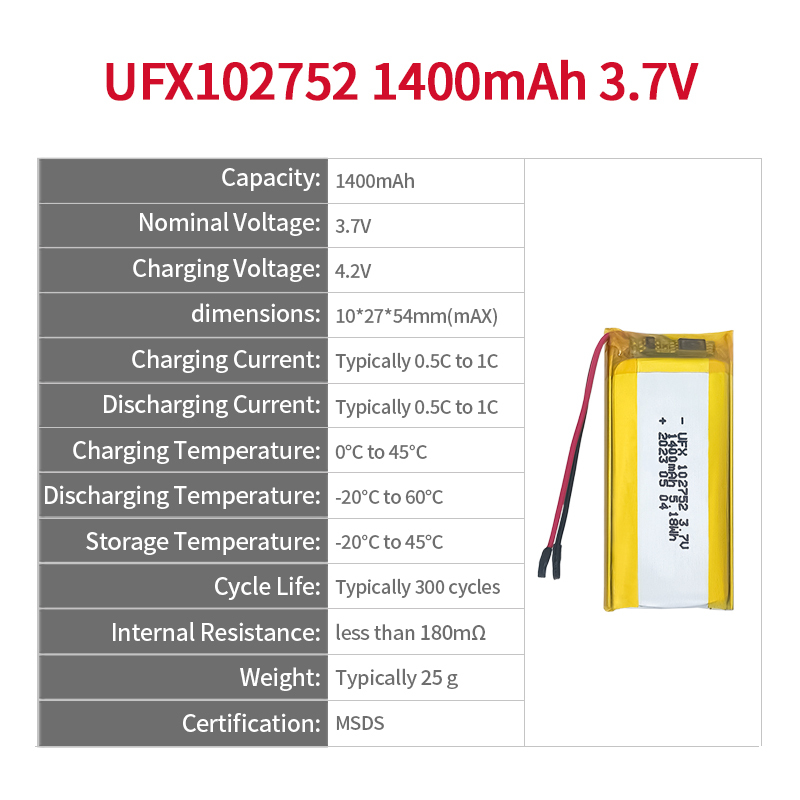리튬 이온셀 공장 도매 충전식 배터리 UFX 102752 1400mAh 3.7V 리포 배터리