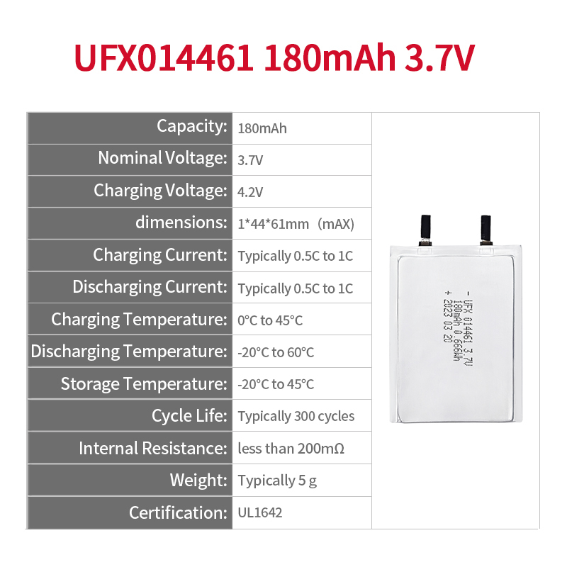 중국의 리튬이온 전지 생산업체들 도매 초박형 배터리 UFX 014461 180mAh 3.7V UL인증서
