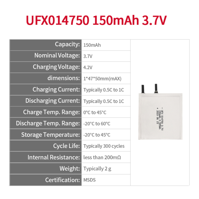 중국 초박형 배터리 공장 E-카드용 맞춤형 초박형 배터리 UFX 014750 150mAh 3.7V 슈퍼 얇은 배터리