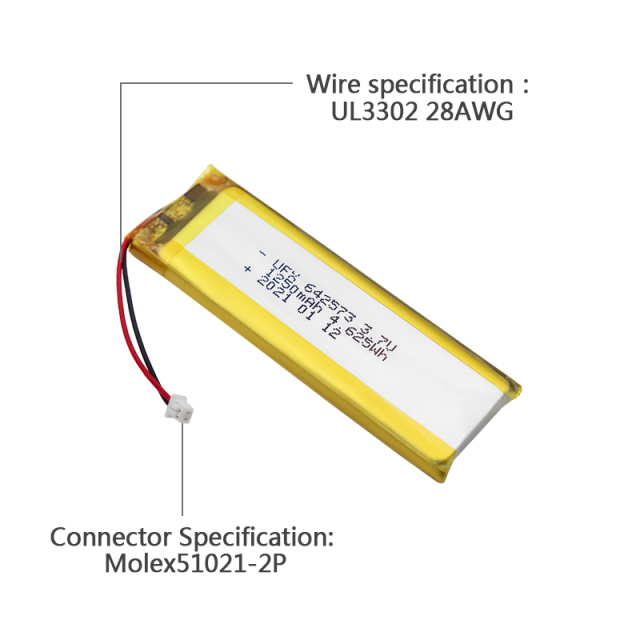 중국 리튬 이온 폴리머 전지 제조업체 맞춤형 지문인식 잠금장치용 배터리 UFX 642573 1250mAh 3.7V 이온 리튬 배터리