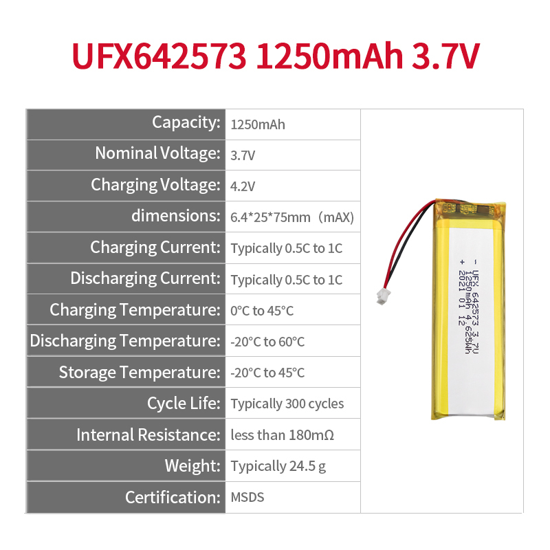 중국 리튬 이온 폴리머 전지 제조업체 맞춤형 지문인식 잠금장치용 배터리 UFX 642573 1250mAh 3.7V 이온 리튬 배터리
