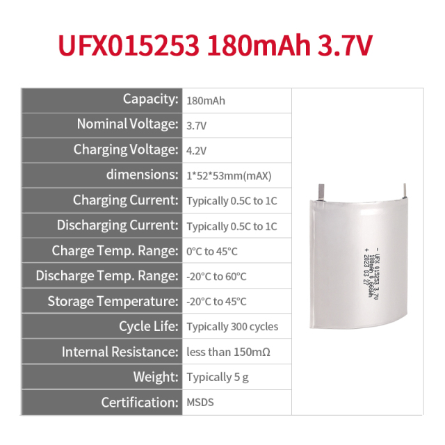 중국의 리튬 이온 배터리 제조업체 핫셀링 초박형 전지 카드용 UFX 015253 180mAh 3.7V 리튬 이온 배터리 3.7볼트